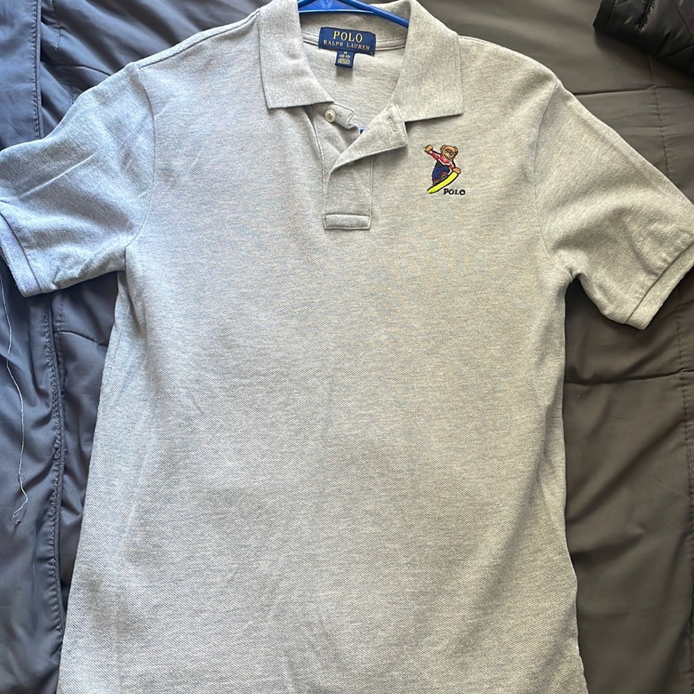 Polo Bear Ralph Lauren Boys Grey Collar Shirt Size M 10-12